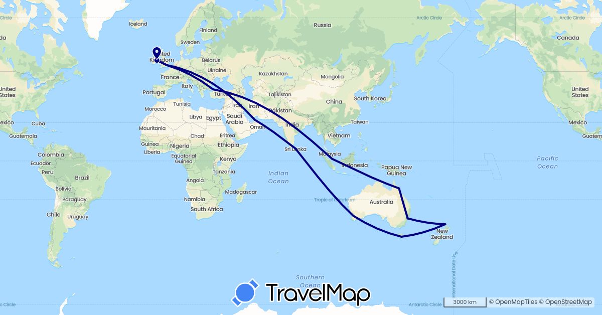 TravelMap itinerary: driving in United Arab Emirates, Australia, United Kingdom, Ireland, Sri Lanka, New Zealand, Singapore, Turkey (Asia, Europe, Oceania)